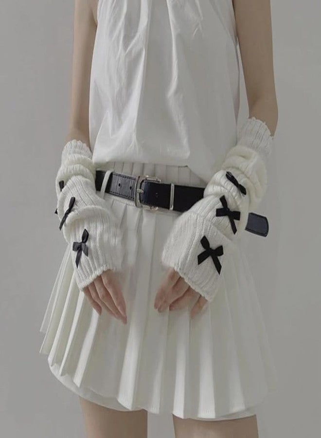 POHADON Women Knitted Arm Warmers Y2k Long Fingerless Gloves Cute Bow Arm Sleeve Cosplay Lolita Gyaru Accessories (White-black bow,One Size) - Image 3